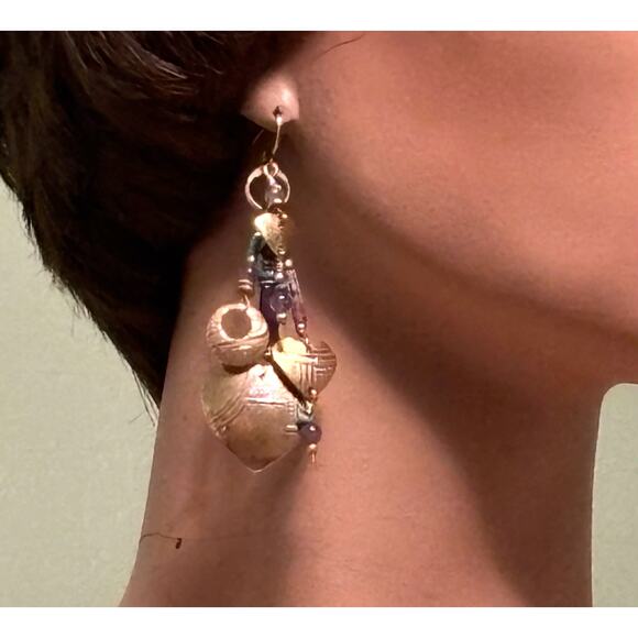 TABRA Gold Filled Heart/Amethyst/Turquoise Drop/Dangle EARRINGS Artisan Signed - Picture 3 of 6